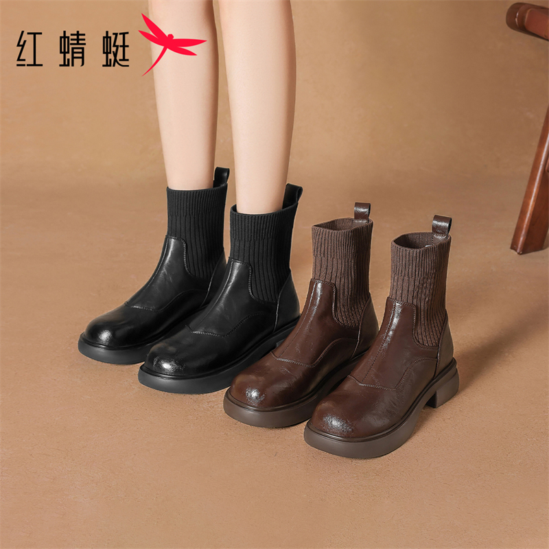 红蜻蜓冬季女式时尚百搭厚底舒适英伦风圆头套脚弹力保暖时装靴