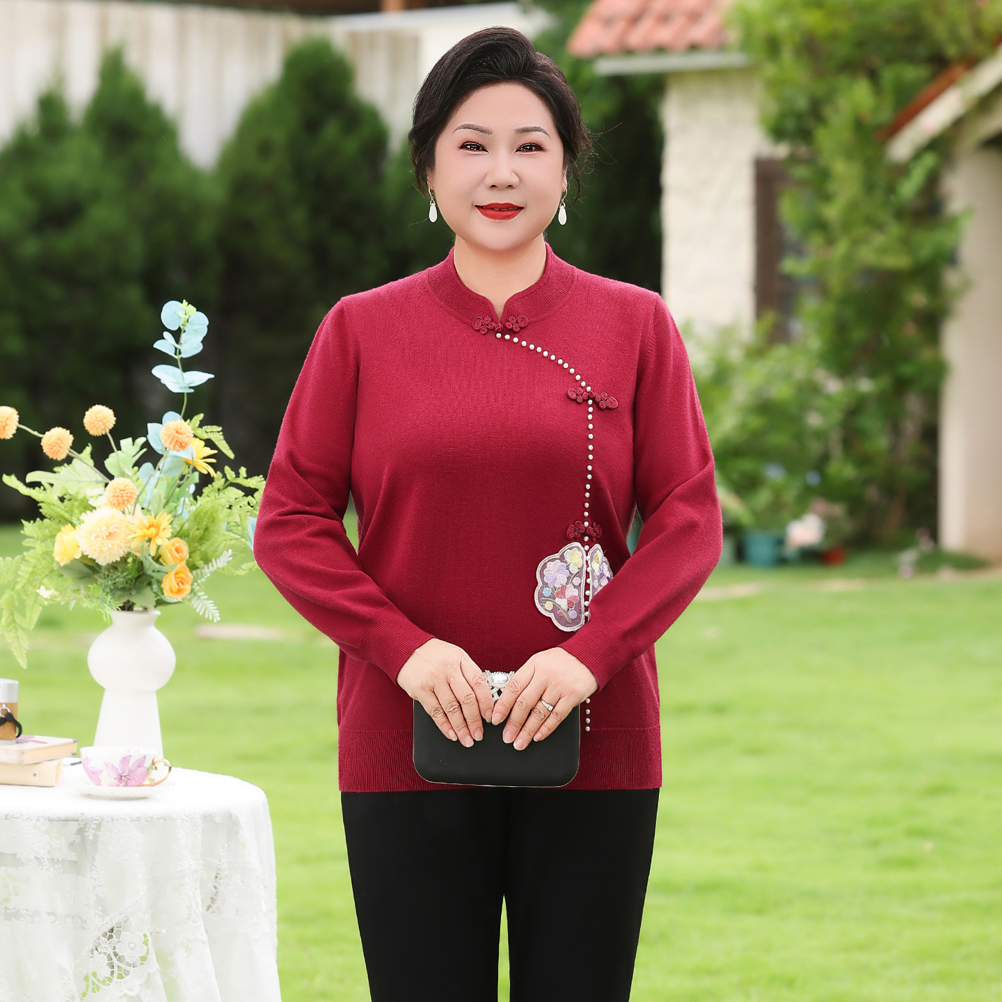 妈妈装秋季显瘦毛衣新款中式国风针织长袖中老年女装打底大码上衣
