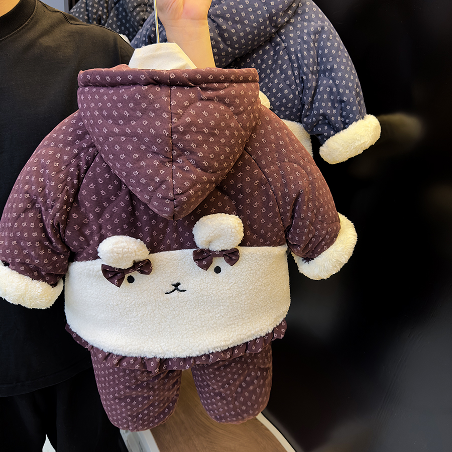 女童2025冬装新款三层超厚棉袄棉裤两件套童装女宝宝连帽家居套装