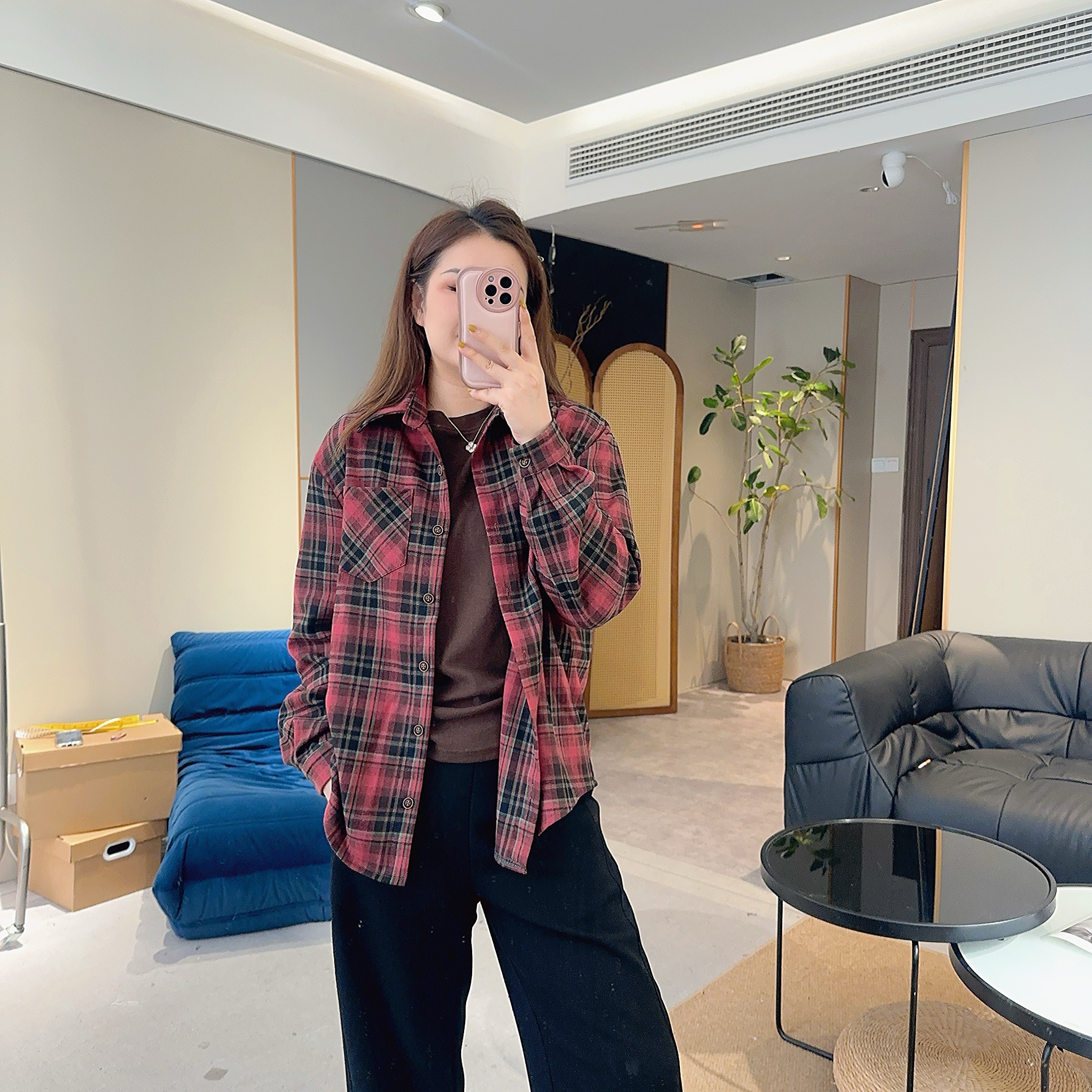 【欧加粒粒】磨毛撞色格子衬衫外套秋冬中长款可外穿打底 H825121