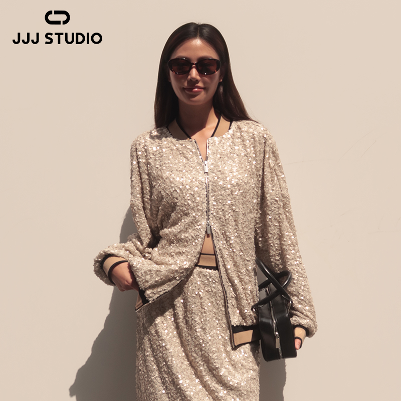 JJJ STUDIO 卡其色满绣亮片圆领直筒廓形设计感短外套 JKWFA1W261