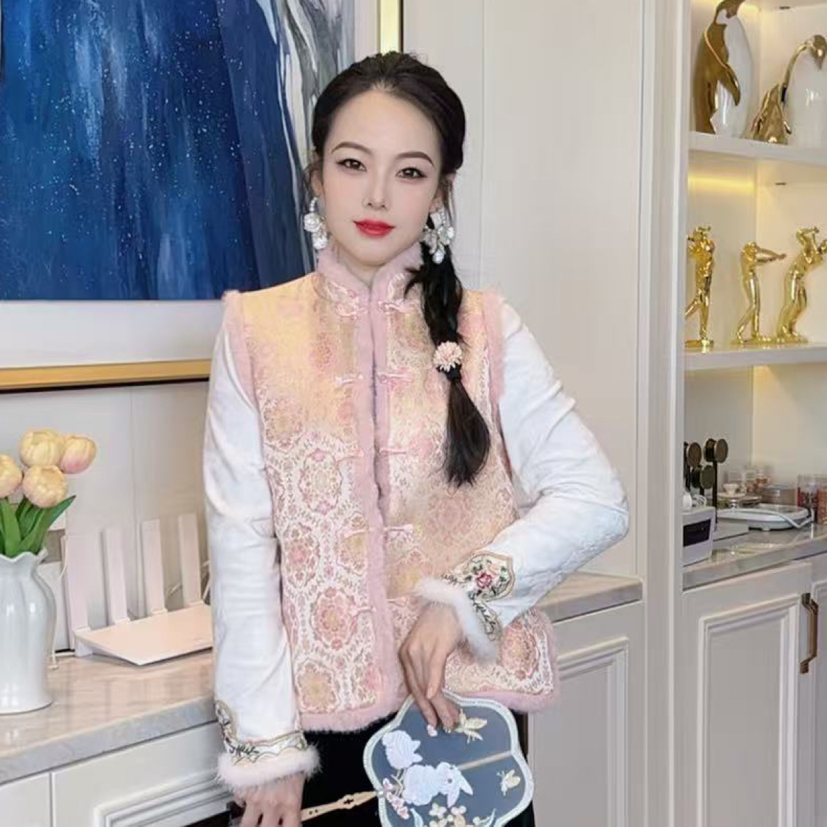 【315加棉】新中式国风夹棉加毛冬季新款时尚复古洋气织金马甲坎肩