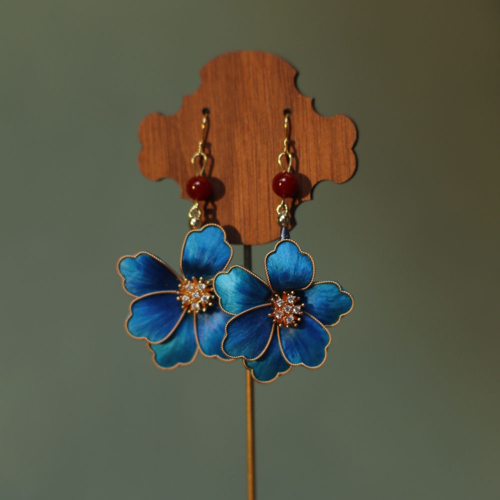 非金属木质耳饰 【牡丹】非遗绒花桑蚕丝点翠色耳环耳夹宫廷耳环
