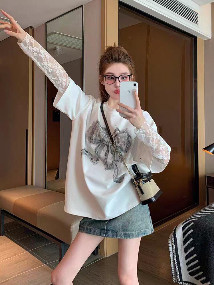 小众休闲假两件2025新款蝴蝶结短袖T恤女蕾丝拼接宽松上衣潮ins