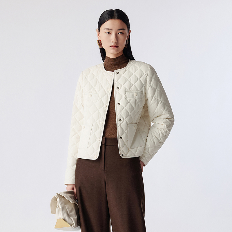 LANCY/朗姿2025冬新款简约百搭菱格棉服短外套女高级白色轻薄棉衣