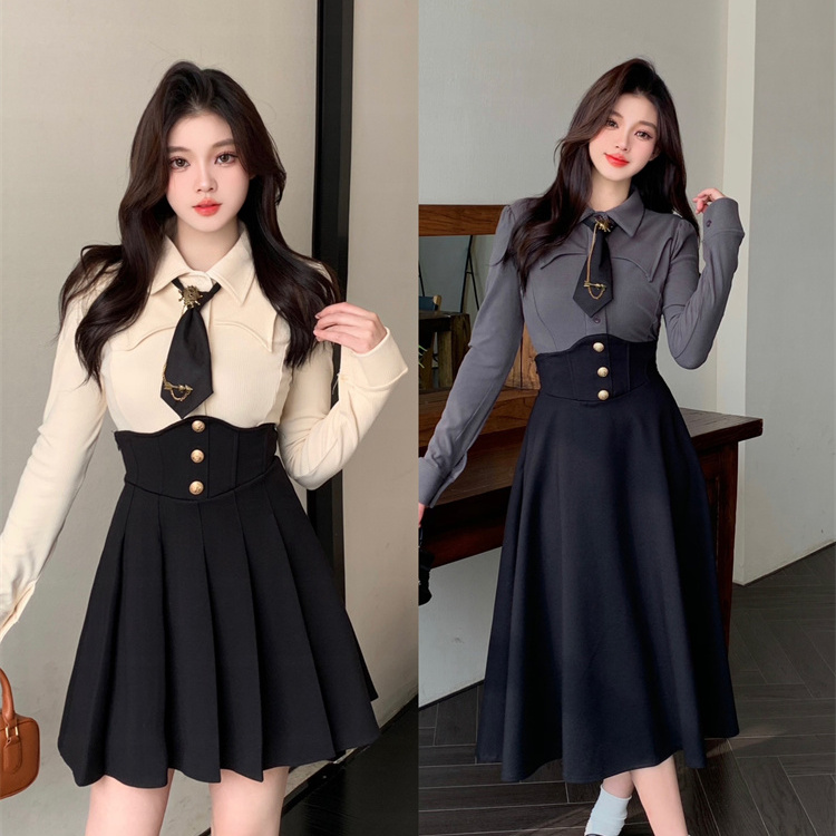 【心动此刻】胖mm学院风高级感长袖衬衫束腰显瘦遮肚子鱼骨裙两件套