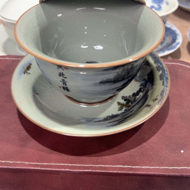 瓷片淘泥只此青绿元宝盖碗微瑕