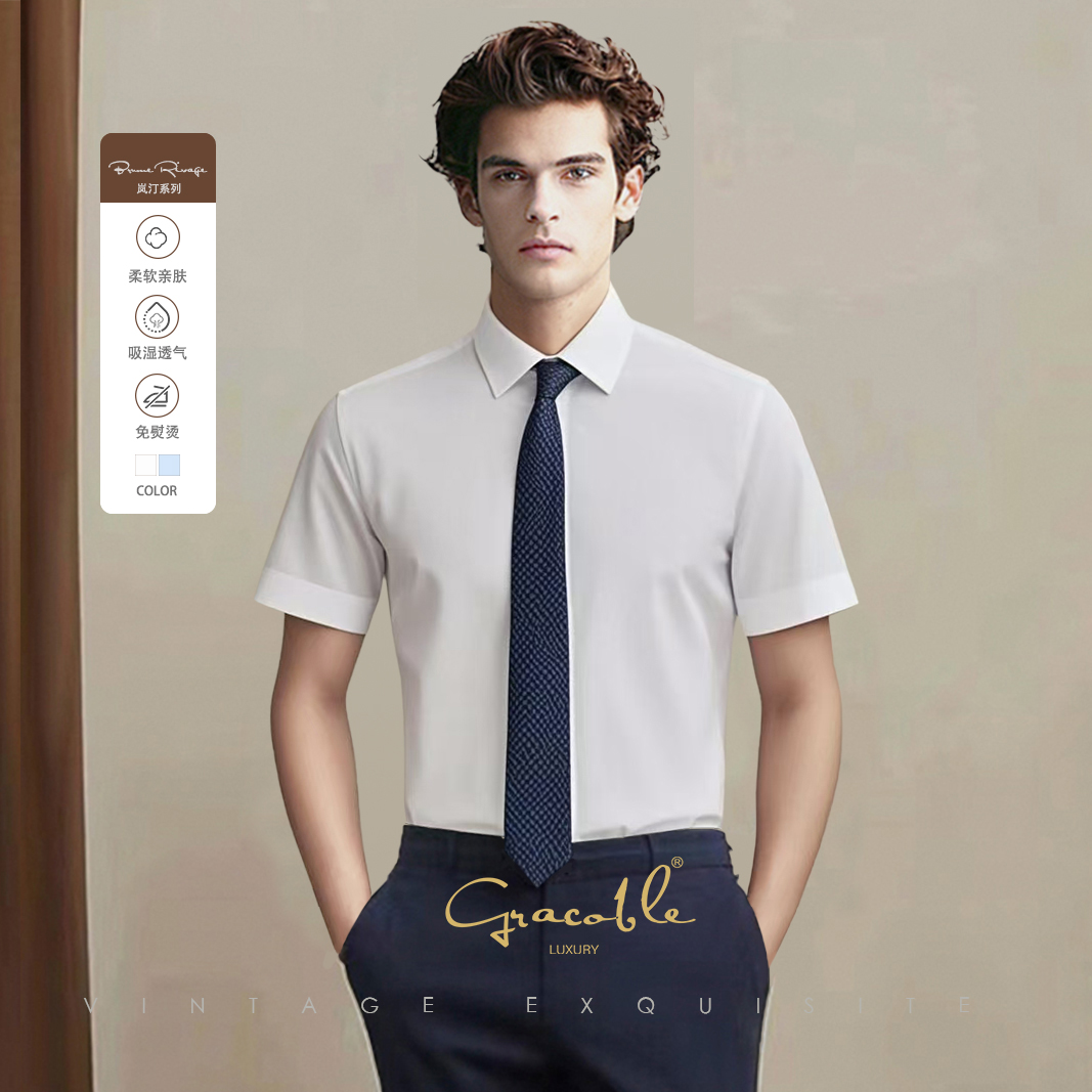 【岚汀】夏季男士薄款【短袖衬衫】商务轻奢休闲免熨-皓月白/冰河蓝