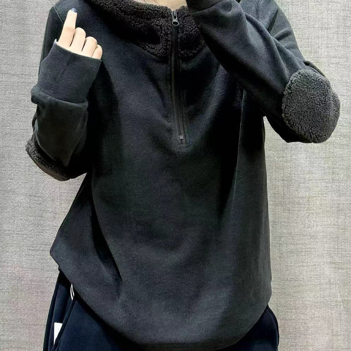 山茶｜常规厚款立领卫衣连帽加厚套头女上衣加绒黑色百搭休闲
