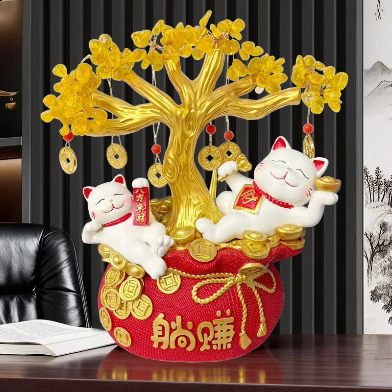 招财猫发财树前台收银开业大吉高档轻奢树脂摆件办公室装饰品礼品