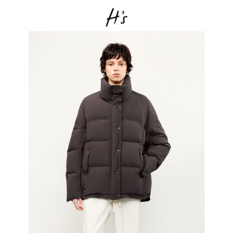 H'S立领羽绒服女25冬新款高级设计感90绒抽绳短款面包服保暖外套