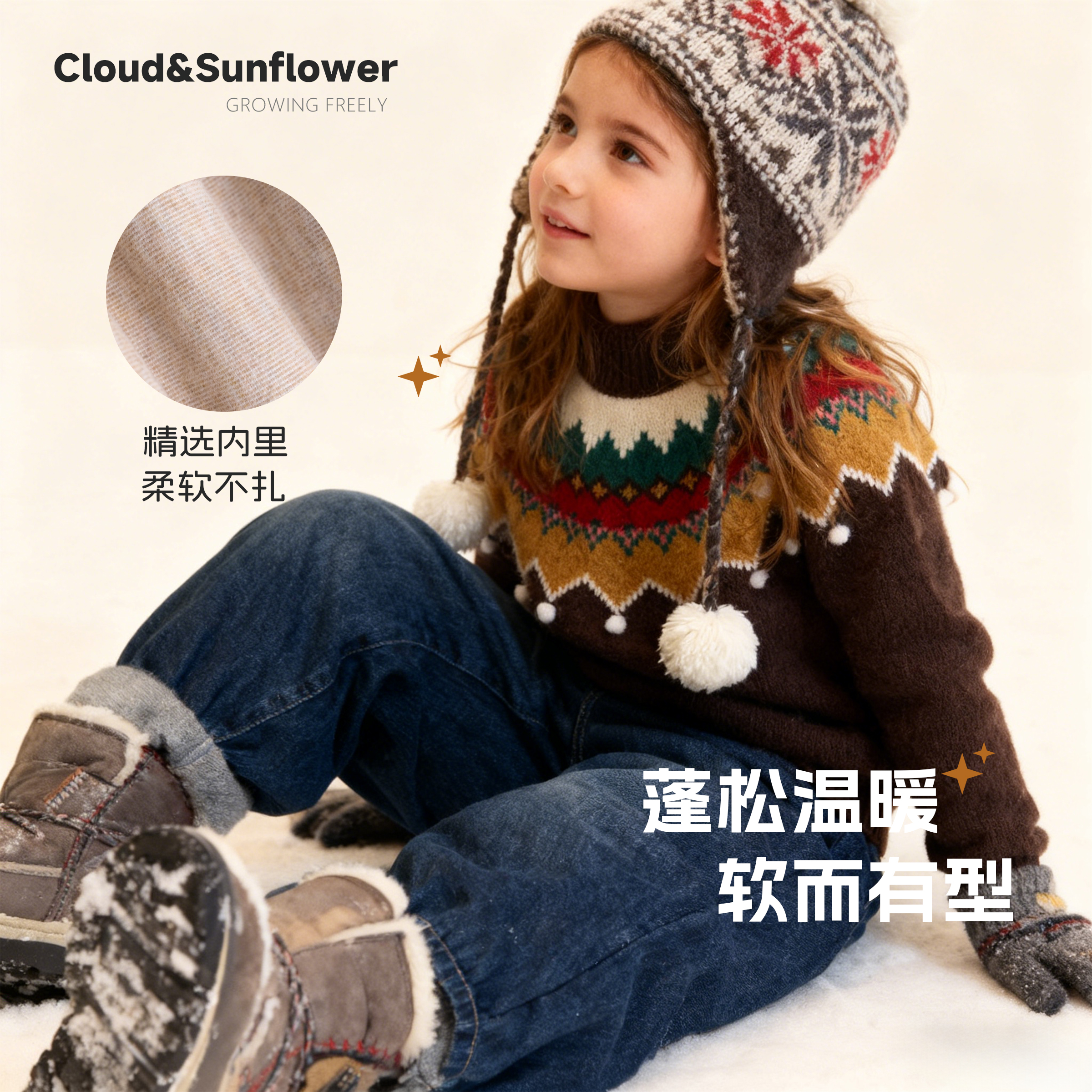 【云朵小葵】女童冬季年款费尔岛复古时尚球球洋气针织毛衣555628