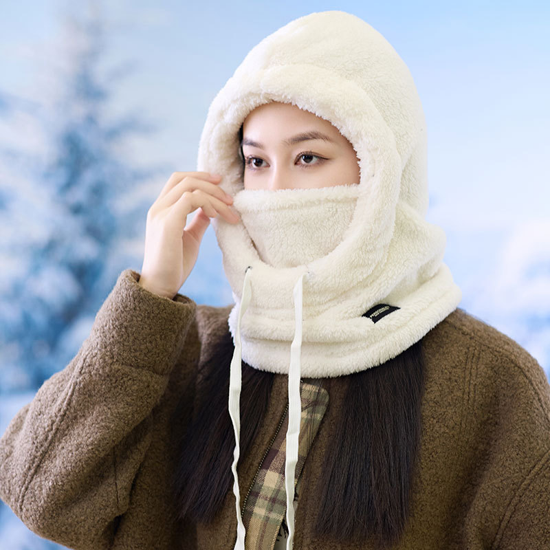 高档中老年人抓绒骑行帽子女士冬季防风雪帽运动围脖口罩连体帽