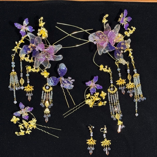 15437喜看优选紫色新中式流苏明制步摇水凝胶新娘头饰