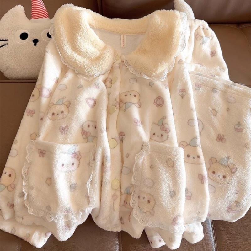 奶呼呼ins轻松熊法兰绒睡衣女秋冬季娃娃领加绒加厚家居服两件套