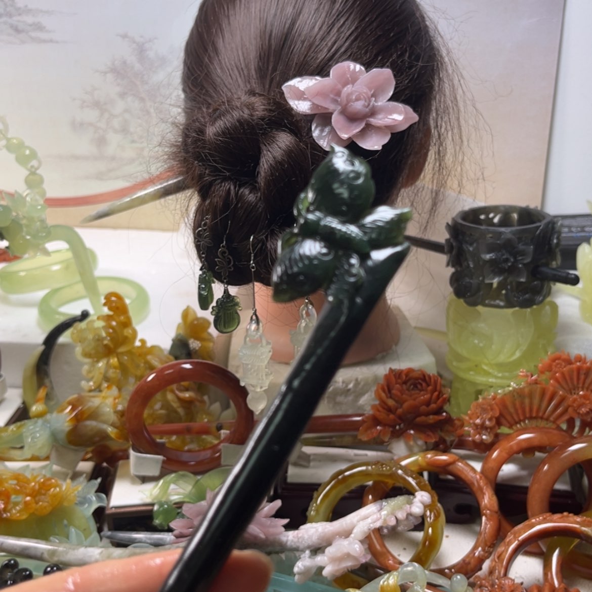 【闪购商品】蛇纹石玉发饰合金