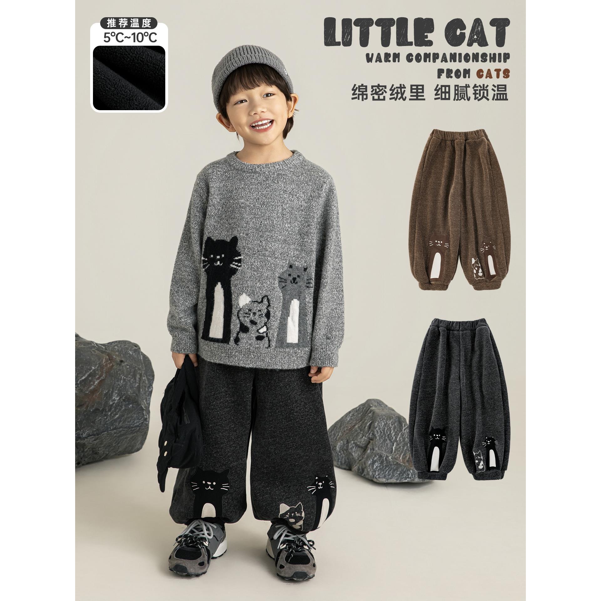 YOEHYAUL/幼悠【冬肆波】好打理猫咪贴布绣加绒一体暖暖裤童装N7320