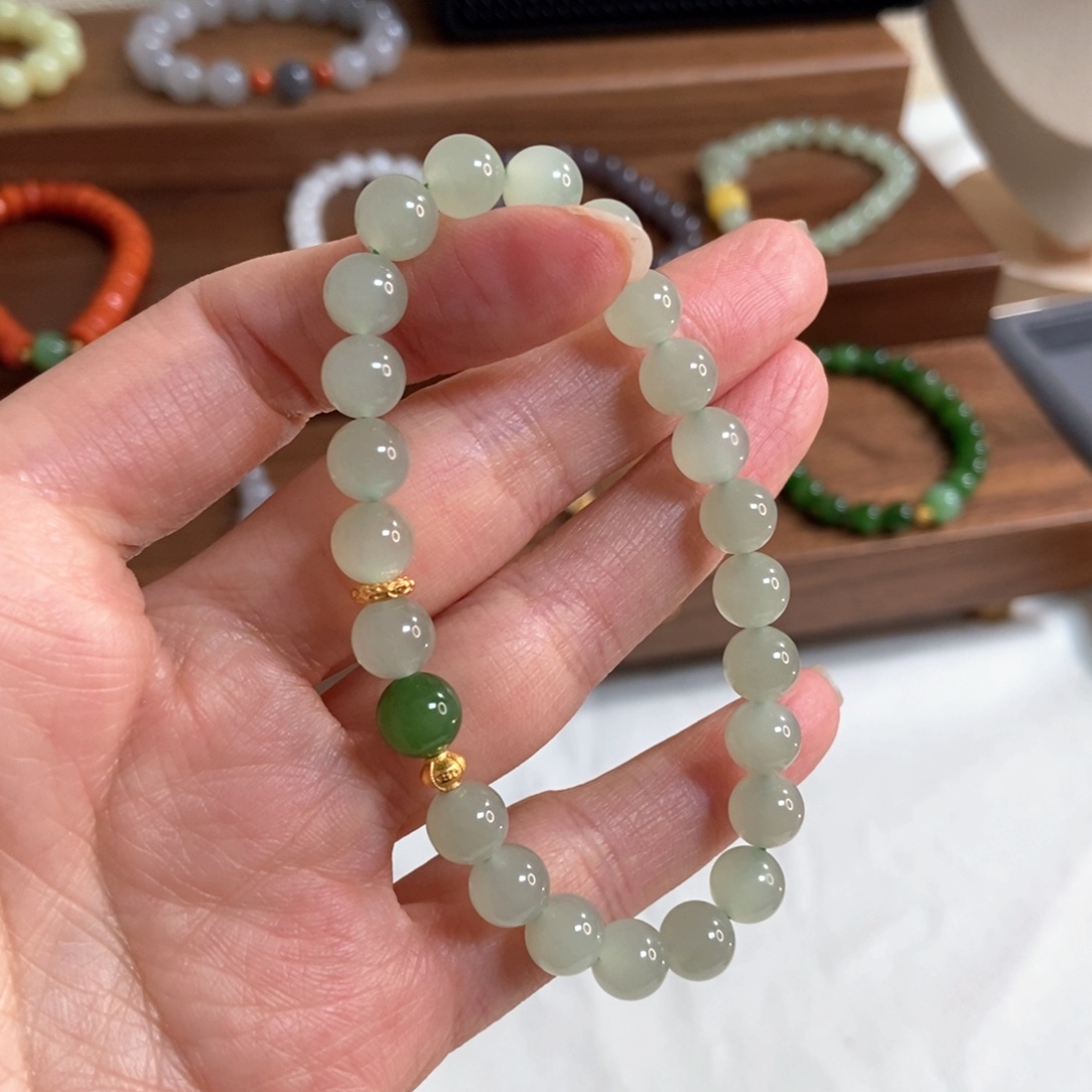 和田玉手链银S925镶嵌小****✨8mm左右冰晴微猫