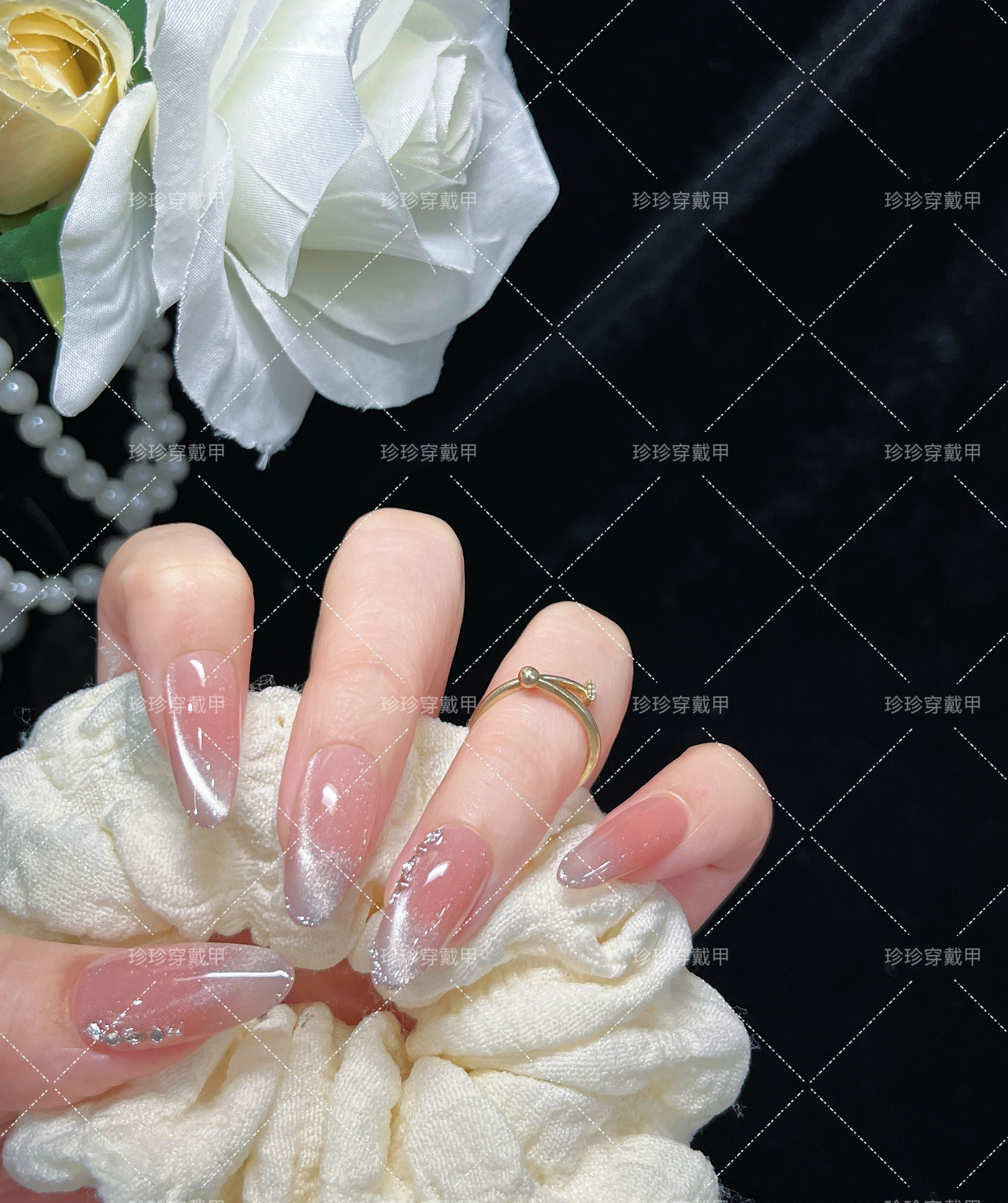 【水清月】珍珍手工穿戴甲纯欲风简约气质腮红晕染猫眼渐变斜边钻