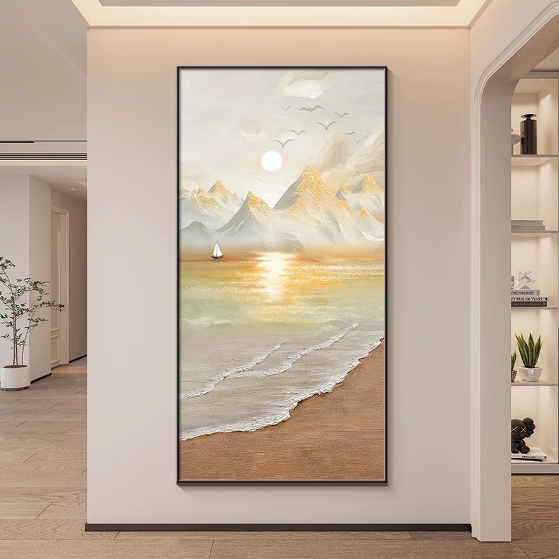 手绘油画《海岸金山》竖版玄关背景墙奶油装饰画入户轻奢挂画客厅画