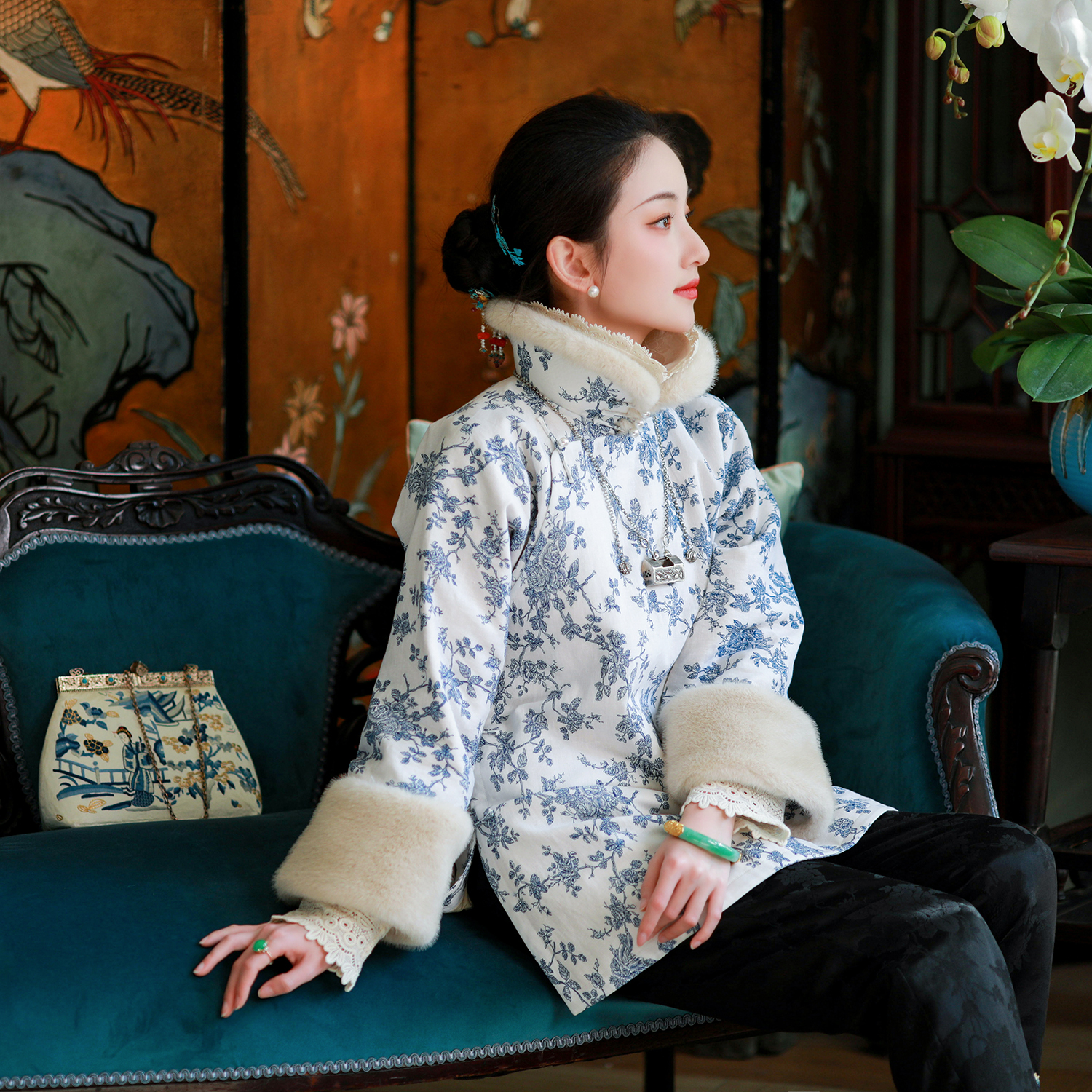 蓝花雅叙丨一城风絮丨复古棉麻印花盘扣元宝领民国风夹棉上衣