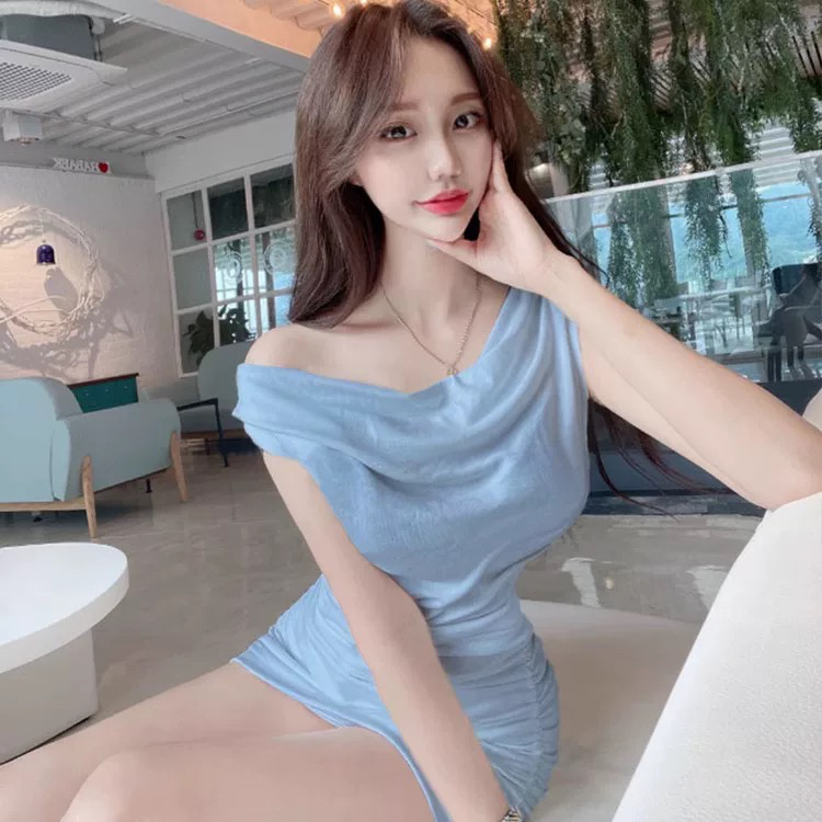 【婉婉推荐】荡领褶皱连衣裙背心斜肩无袖短裙收腰修身显瘦包臀裙