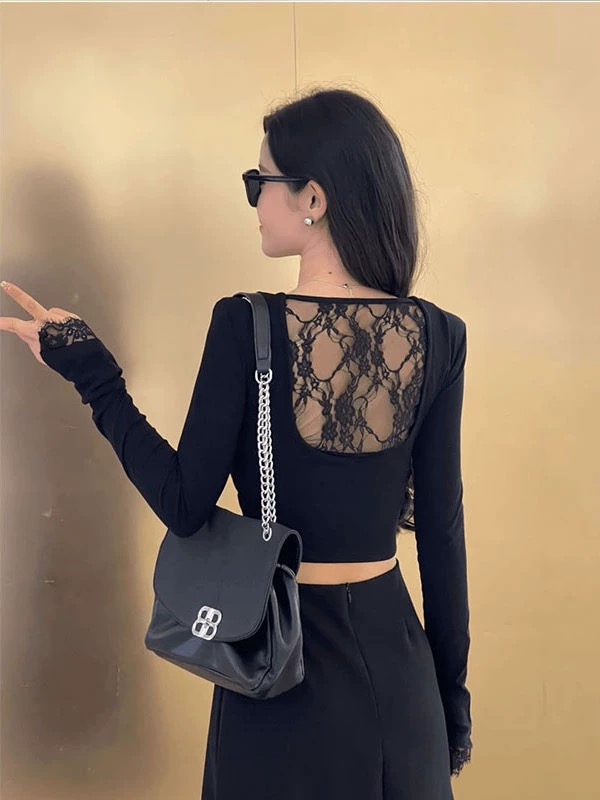 纯欲风性感露背蕾丝拼接长袖t恤女早秋季修身超好看独特上衣