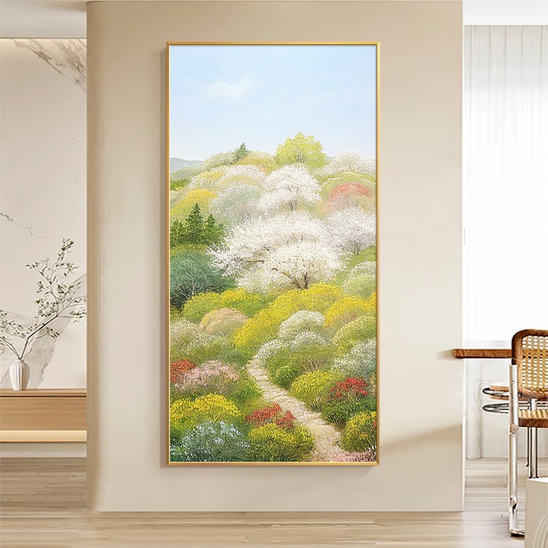 手绘油画山花烂漫风景奶油风玄关装饰画高级感正对门入户挂画新款