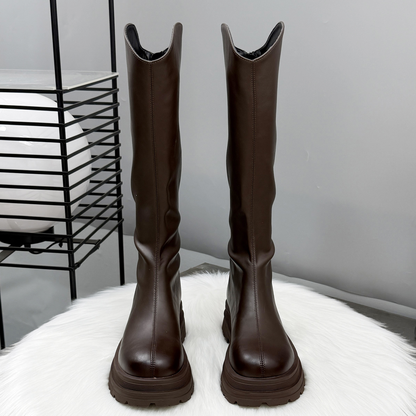 棕色长筒靴女2025新款秋冬加绒骑士靴子小个子增高6cm不过膝长靴