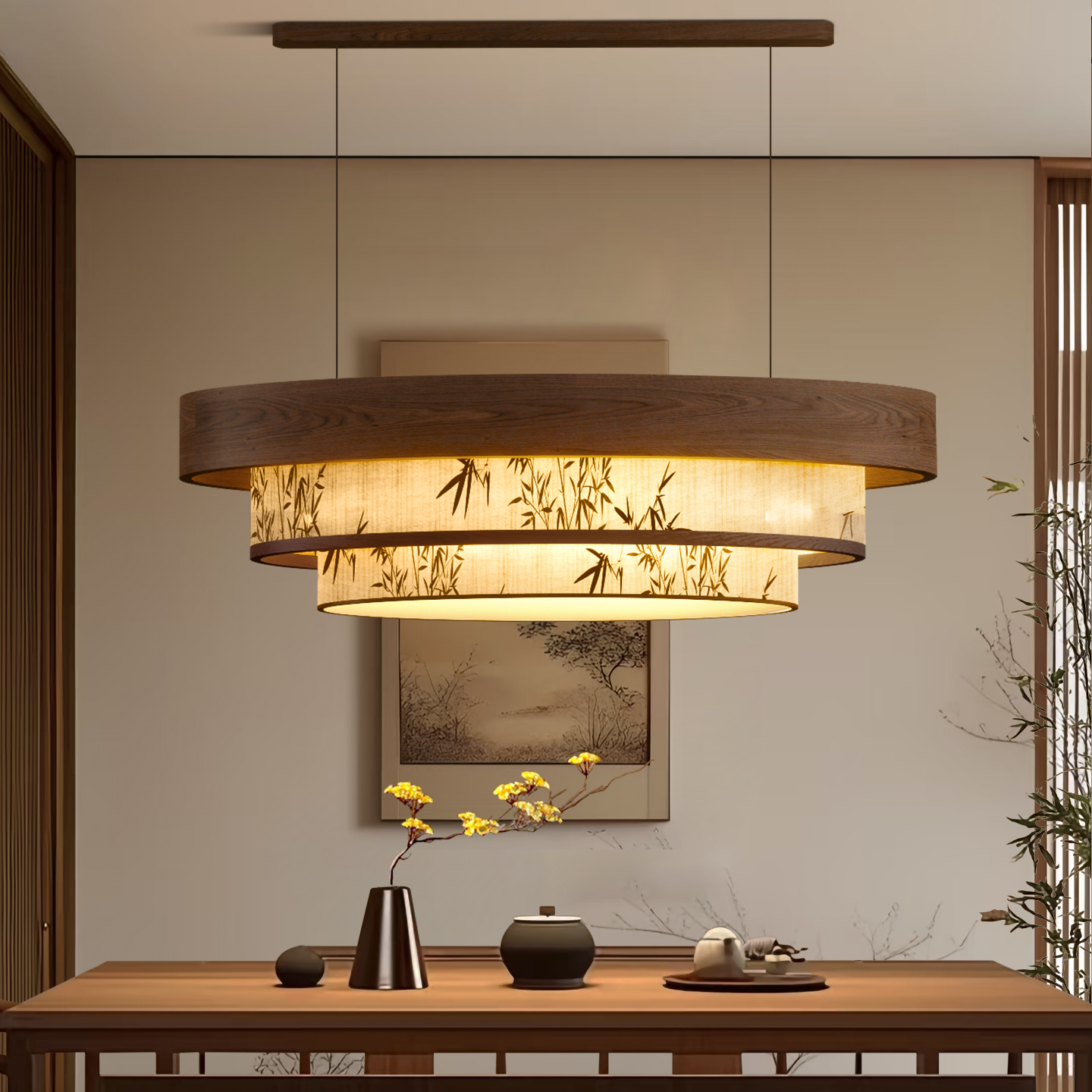 宋代美学东方禅意实木艺竹叶水墨画餐厅吊灯茶室吧台主灯超亮主灯