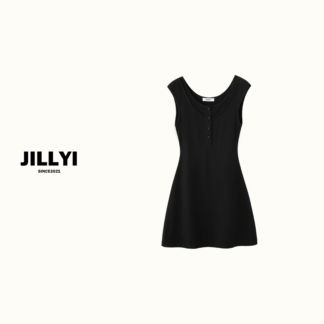 JILLYI南山店【暮野深黑】黑色简约圆领无袖连衣裙纯色显瘦气质休闲