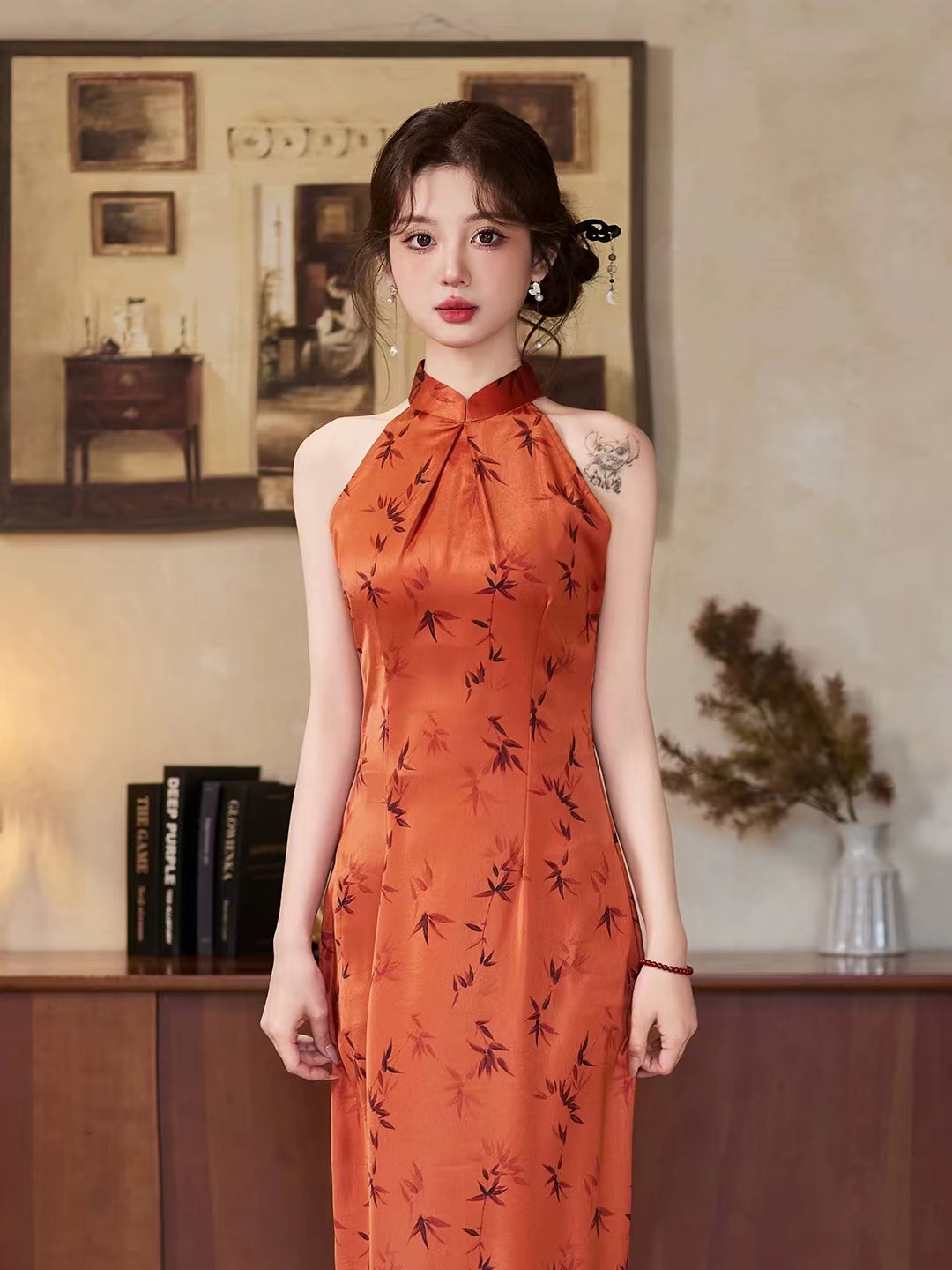 468-橘色 竹叶 挂脖 年轻 旗袍