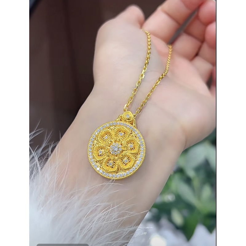 坠链均足银 带钻花丝镂空莲花罗盘吊坠3082