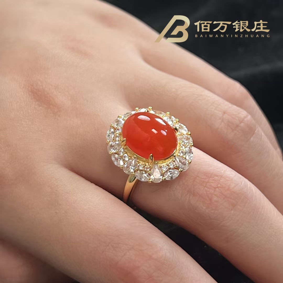 【佰万银庄】925银璀璨南红蛋面戒指-JZ0034-114002-多样性发一件