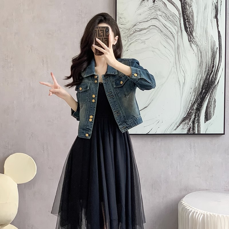 韩版复古牛仔外套女春秋季高腰显瘦设计感小众收腰短款夹克上衣潮