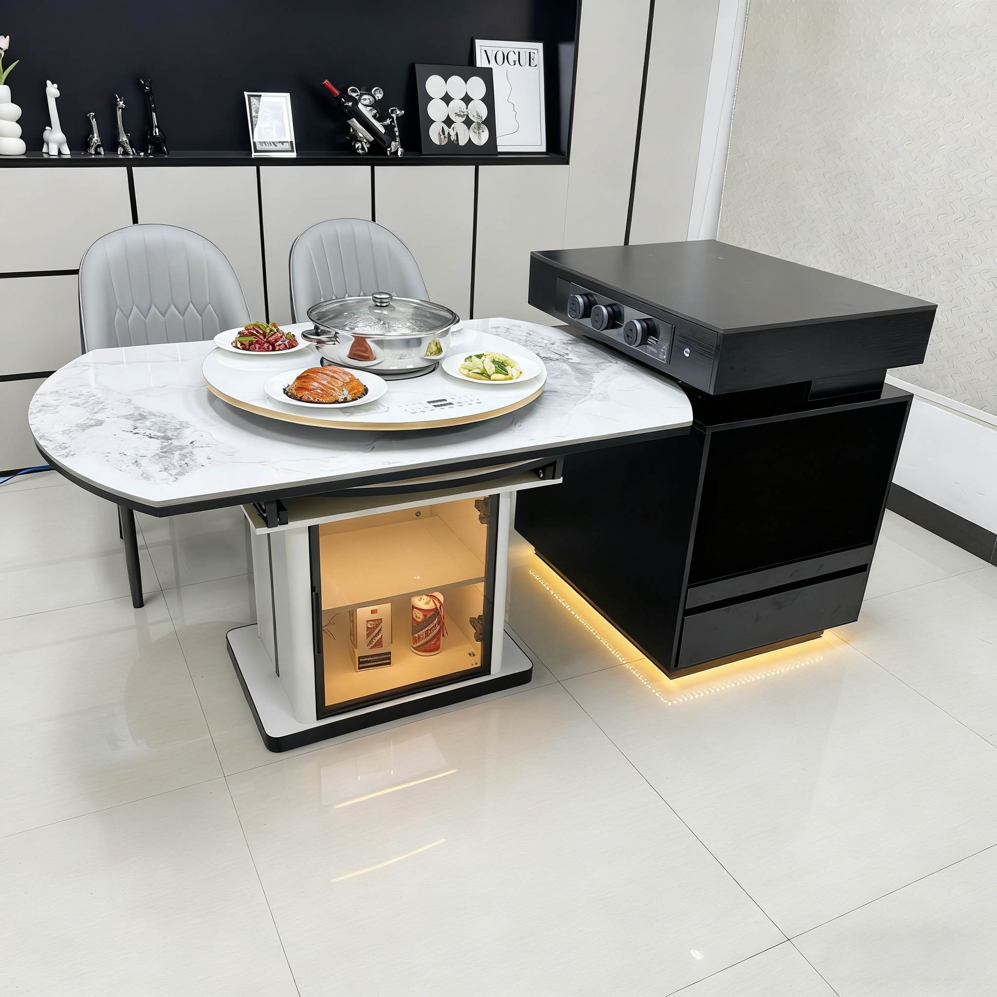 多功能可伸缩简约家用餐桌电磁炉暖菜板转盘方圆两用饭桌圆桌岛台