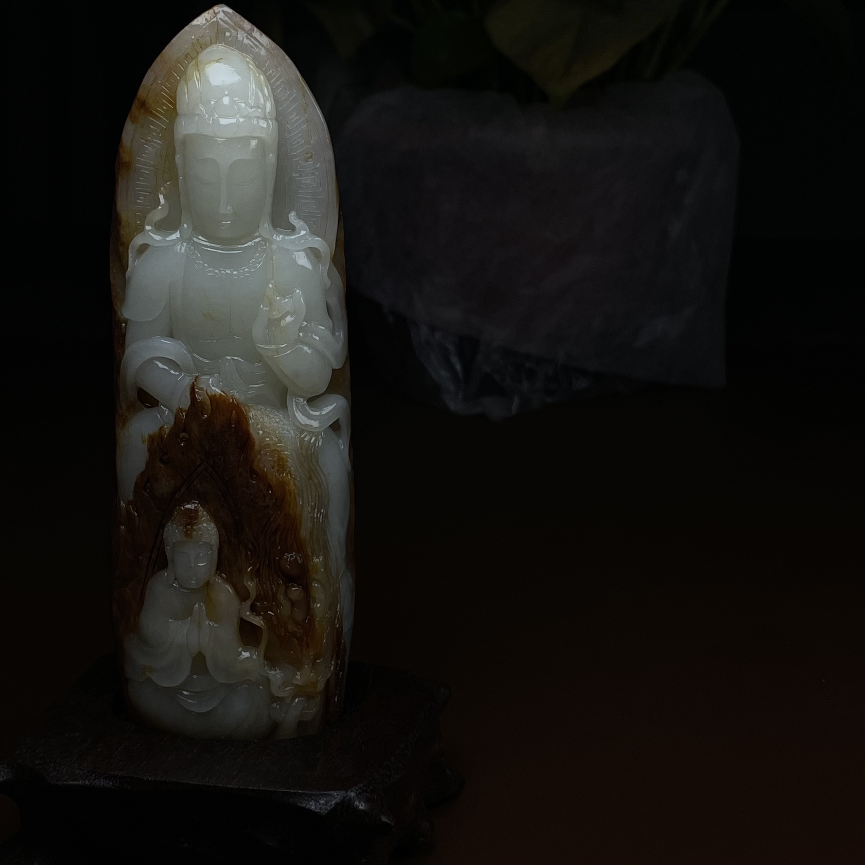 正宗和田玉观音手把件 红皮摆件 俄籽白玉