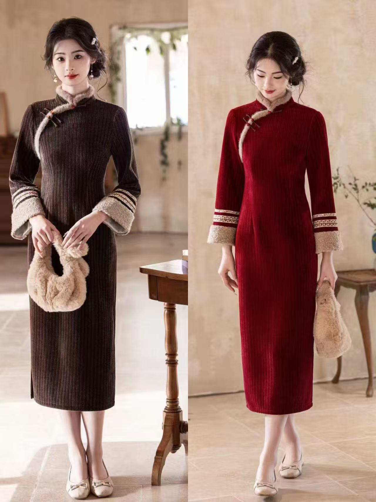 【华夫人】双色秋冬款加绒加雪尼尔面料厚直筒袖中国风旗袍衣长120