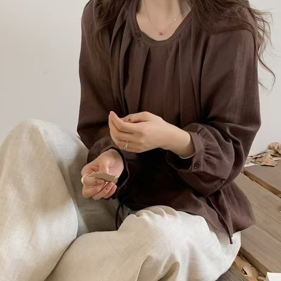 秋季圆领套头系带收腰显瘦百搭法式气质女衬衫