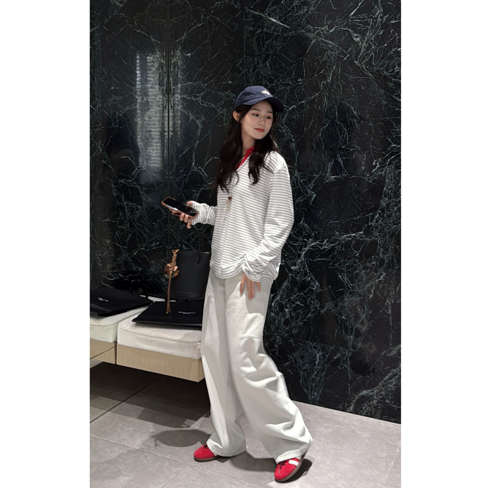【Luo-Zhen】”云纹疏影“ 撞色条纹长袖T恤秋季新款女薄款打底衫T621