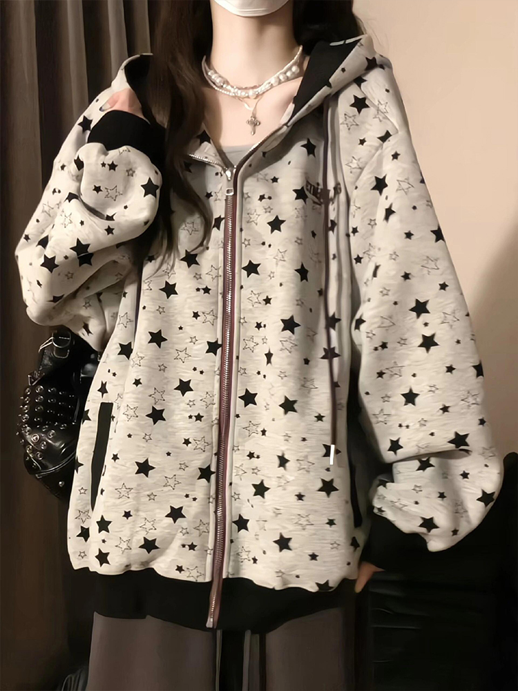美式高街星星满印连帽卫衣女春秋2025新款复古撞色宽松慵懒风外套