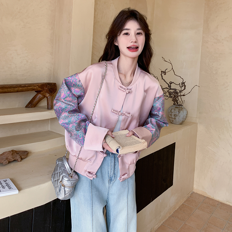粉色国风新中式缎面印花短外套女2025春秋季新款时尚洋气夹克上衣