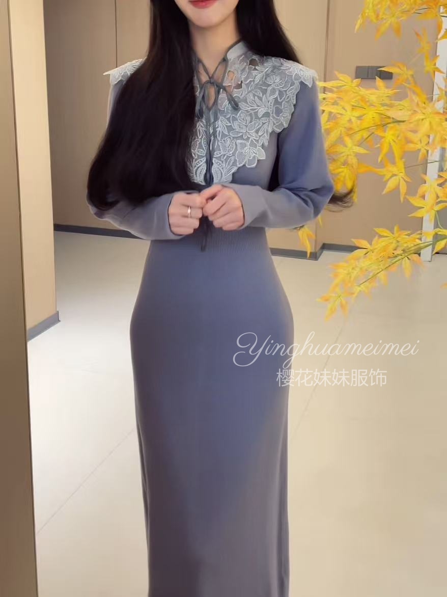 樱花妹妹 温婉少女风！清楚系蕾丝拼接针织连衣裙