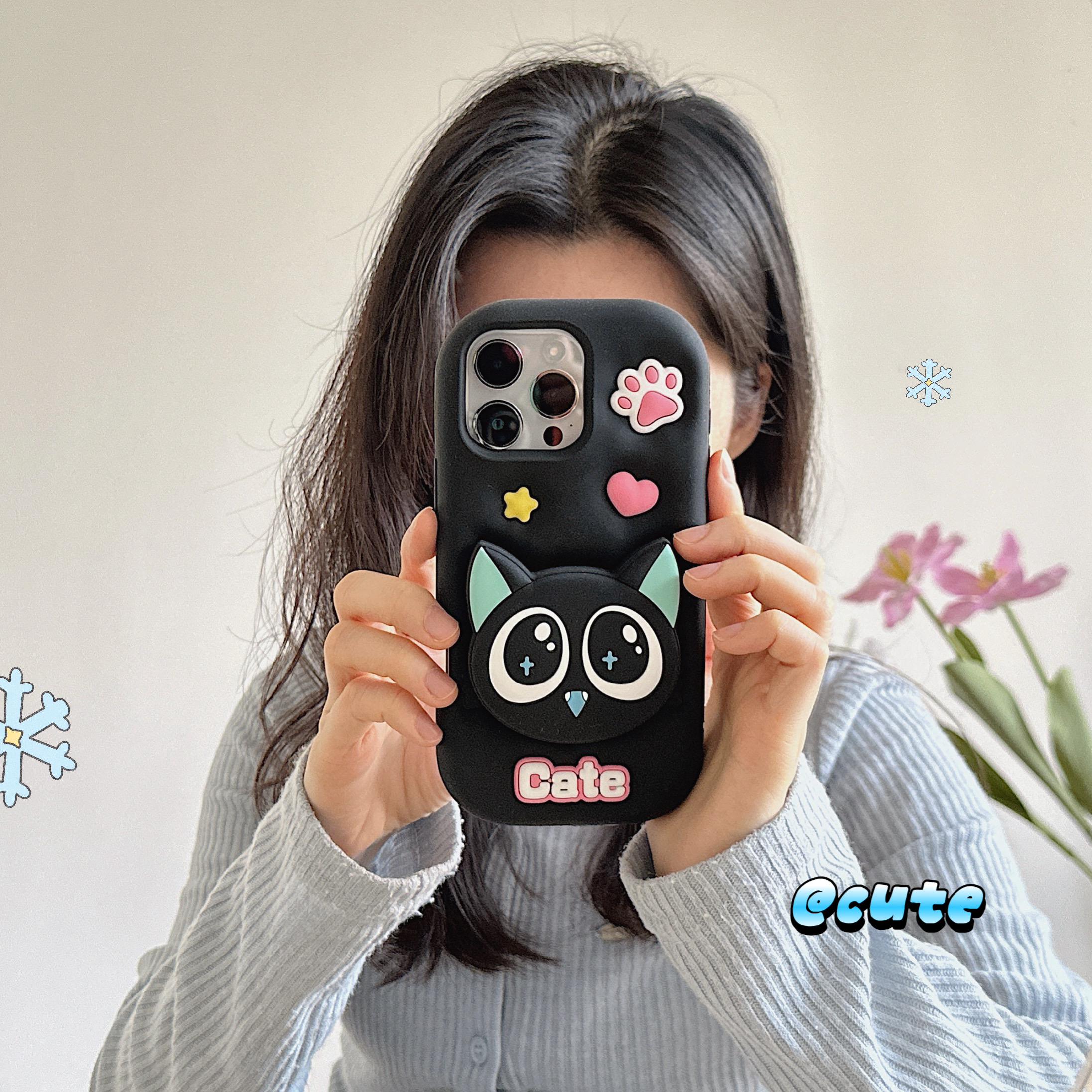 iPhone|卡通黑色猫咪支架适用17可爱罗小黑ins创意硅胶手机壳