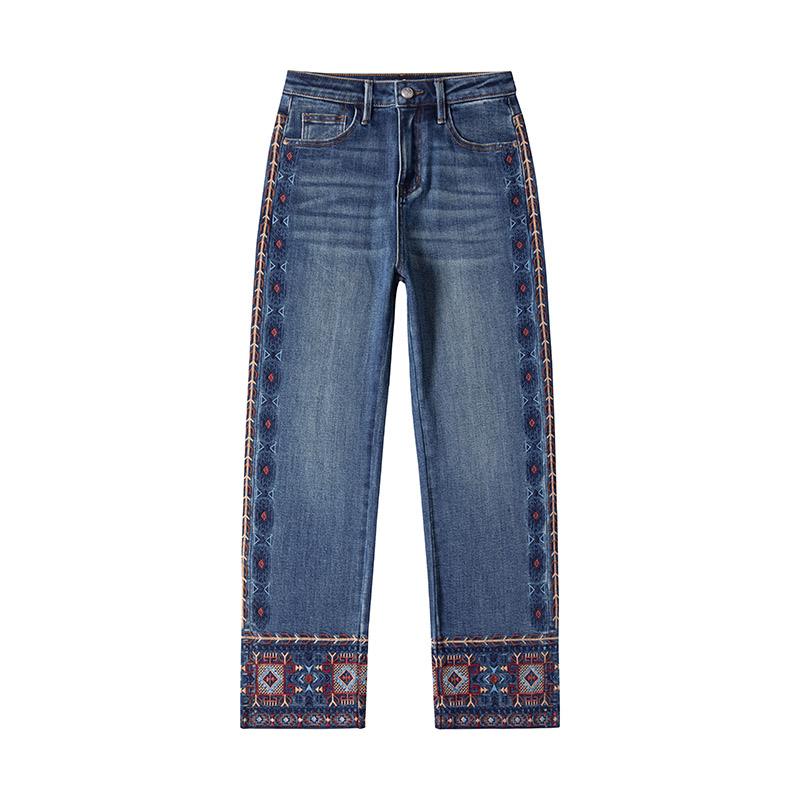 安哥高腰女士牛仔靴裤直筒九分裤刺绣SL8978B