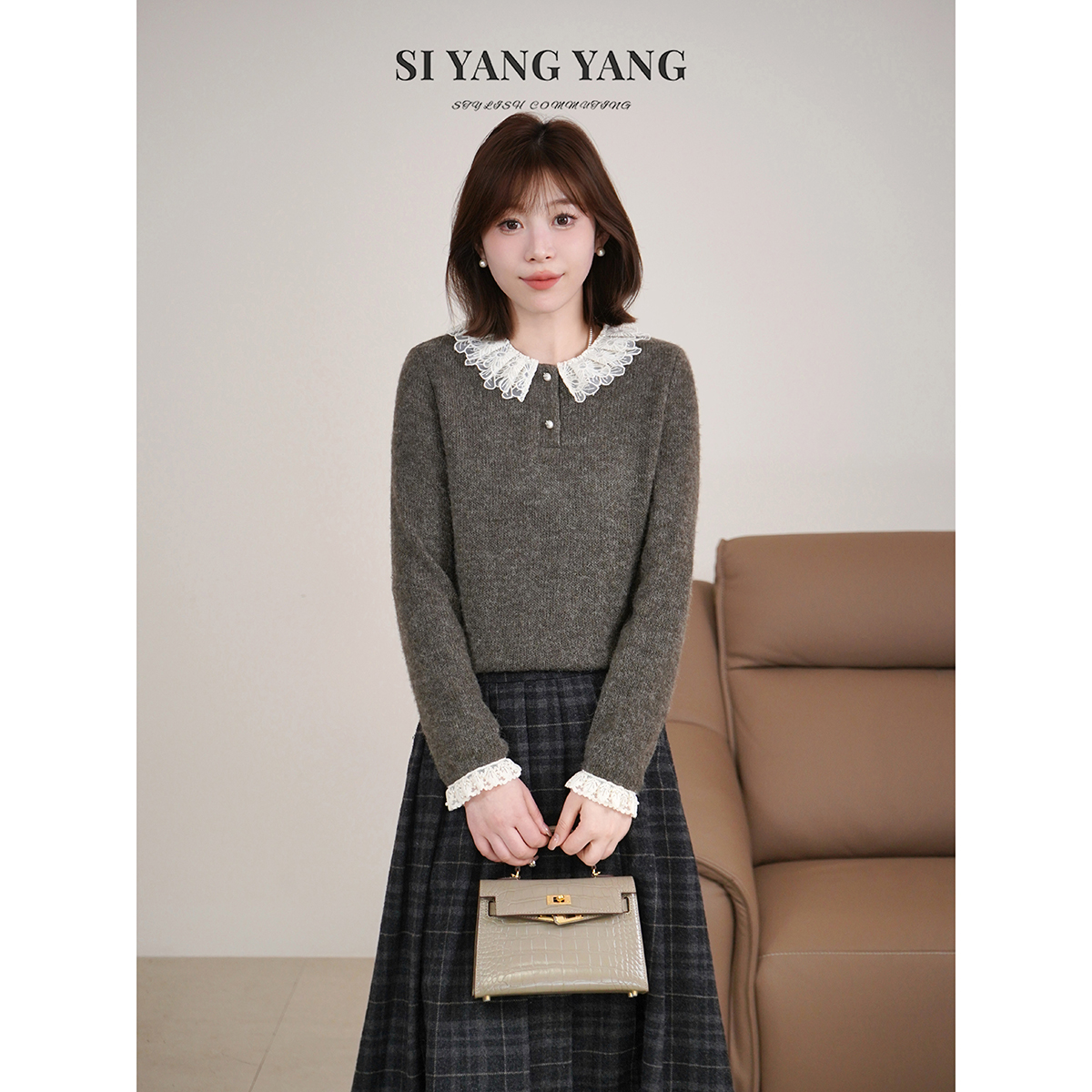 斯洋洋SIYANG冬季羊毛混纺坑条针织百搭通勤上衣SY512A027SYY