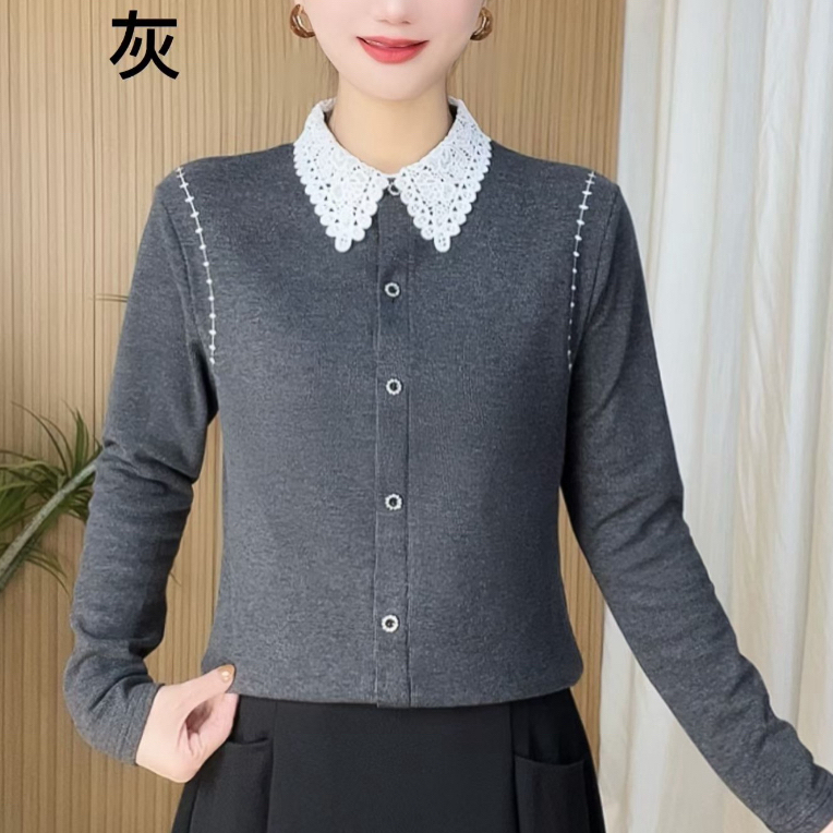 2025秋冬长袖保暖娃娃领双面绒蕾丝洋气百搭保暖修身女士气质时尚