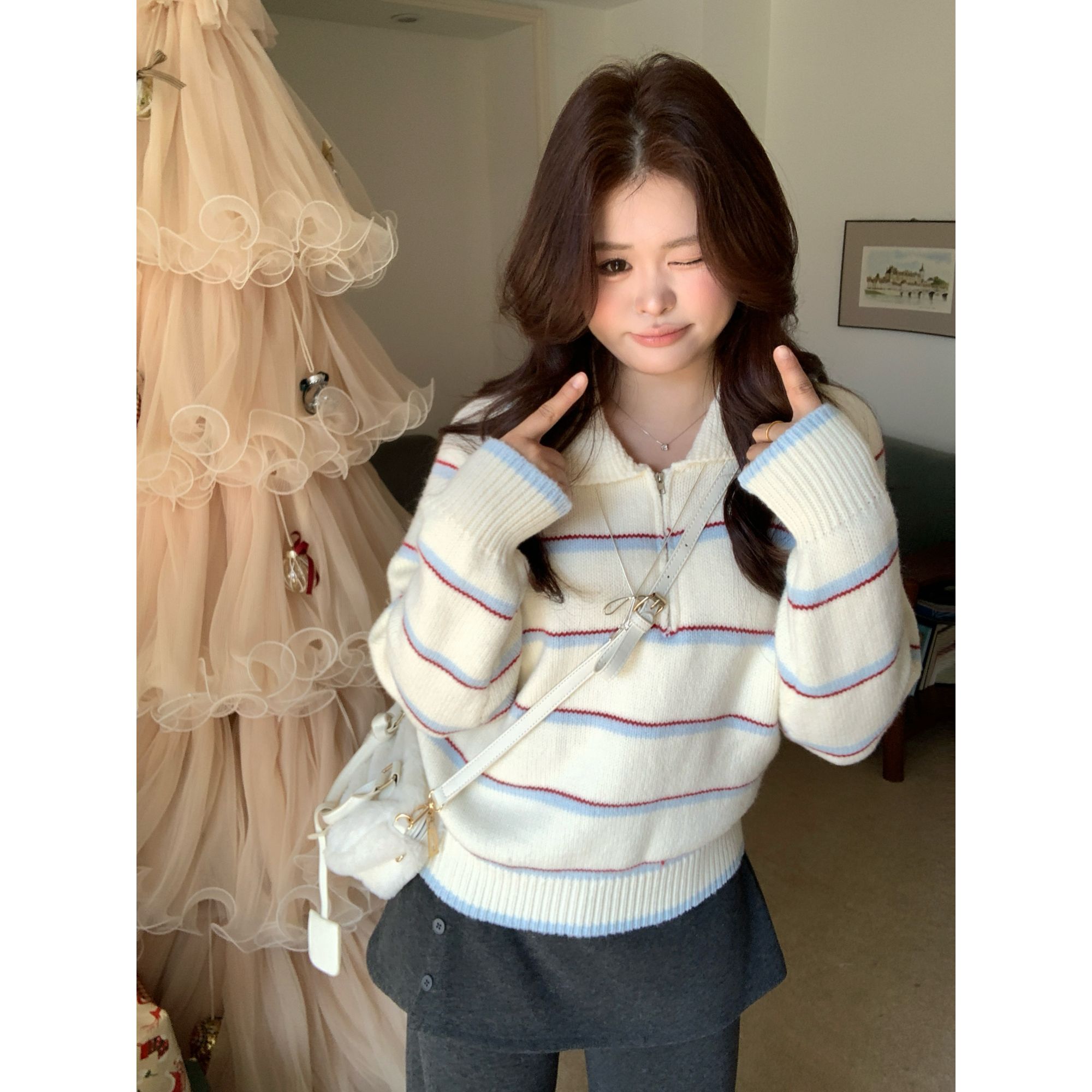 【蓝白经纬】大头婷丫丫微胖秋冬慵懒风休闲宽松百搭毛衣上衣 L8331