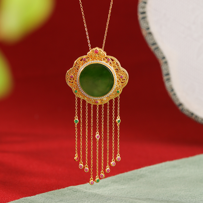 【老银坊】s925银镀金碧玉圆牌流苏吊坠（不含链）00232928