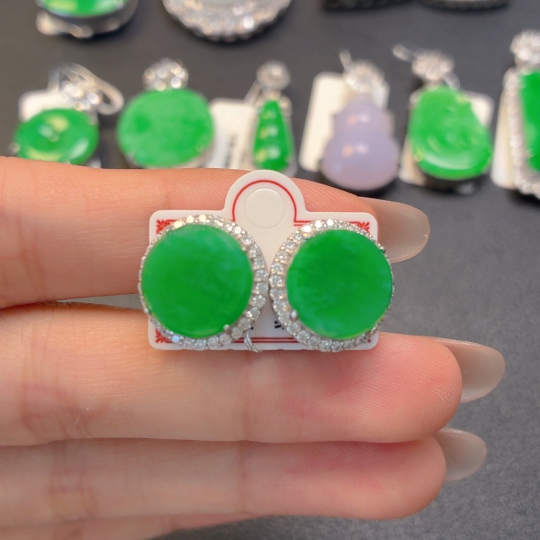 翡翠银S925镶嵌颈饰耳钉